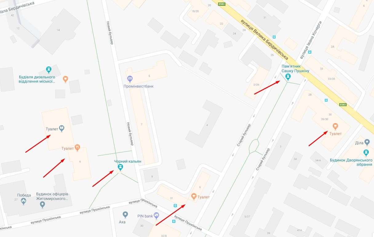 В Житомире на Google Картах кто-то исправил названия почти всех заведений и организаций