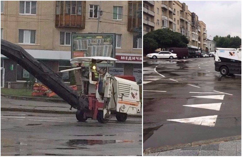 Краска не помогла: коммунальщики срезают старую разметку на Соборной площади в Житомире