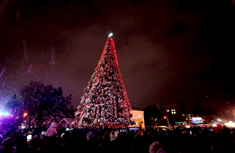 Скромно и без музыки в Житомире зажгли главную новогоднюю ёлку города. ФОТО
