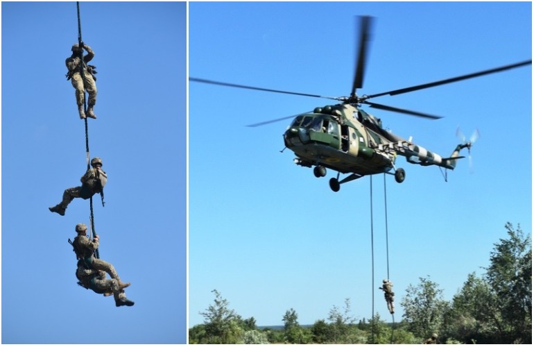 Десантники в Житомирской области отработали безпарашютную высадку с вертолета. ФОТО